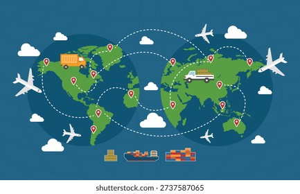 Creative twin-globe world map showing intercontinental cargo routes by sea, air and road. Perfect for global logistics and export import concepts.