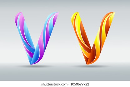 Creative twisted letter V. Abstract 3D font. Caramel and ultraviolet colors. An elegant typographic concept. Isolated vector symbol on a light background. Logo template for corporate identity.