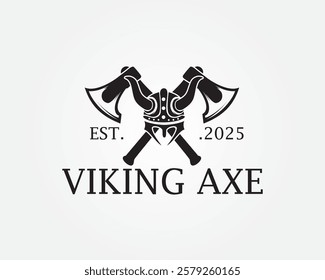creative two crossed axes with a viking head in the middle, logo design