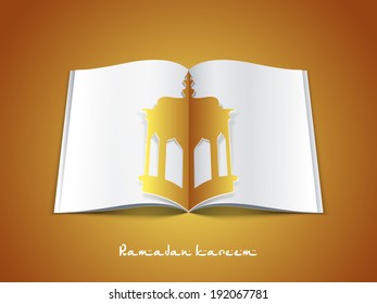 Creative two fold brochure or flyer design with golden arabic lamp or lantern with stylish text Ramadan Kareem for holy month of muslim community.