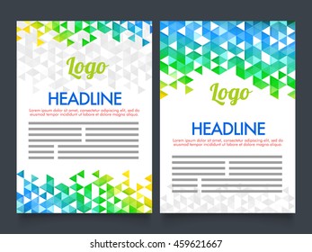 Creative Two Page Brochure, Template or Flyer presentation with Brazilian Flag colors abstract design.