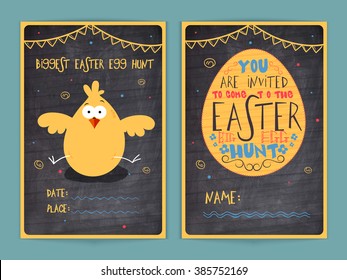 Creative two page Invitation Card design in chalkboard style with illustration of cute chick for Easter Big Egg Hunt celebration.