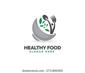 Dos cucharas creativas como personas levantando sus manos en un tazón muy adecuado para logotipos de hierbas y alimentos saludables y otros
