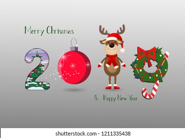 Creative two thousand and nineteen festive banner design. Interesting concept of numbers as Christmas tree decoration, deer and Christmas wreath. Can be used for postcards, banners,posters