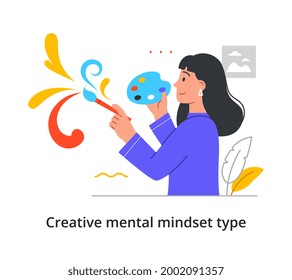 Creative type of person with imaginative mental mindset showing a woman artist painting a free-flowing design in bright colors, minimal style flat cartoon vector illustration