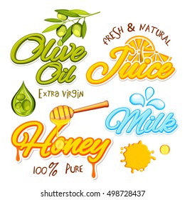 Creative typographic collection for Food and Drink concept, Olive Oil, Juice, Honey and Milk Sticker, Tag or Label design, Vector illustration.