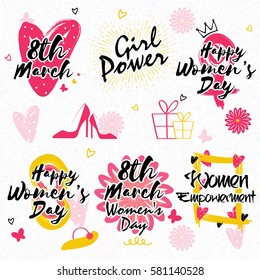 Creative typographic collection with various elements for 8th March, International Women's Day celebration.