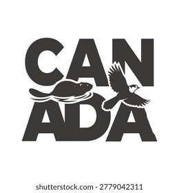 A creative typographic logo design featuring the word CANADA with a silhouette of a beaver swimming and a gray jay bird flying, isolated on white background.