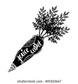 Creative typographic poster with the inscription in black vegetable silhouette with a handmade ornament isolated on a white background. Refreshing natural carrot juice . Vector illustration