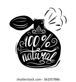 Creative typographic poster with the inscription on the black silhouette of the luxury perfume bottle handmade isolated on white background. Vector illustration