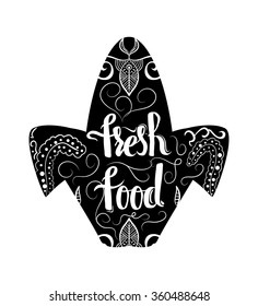 Creative typographic poster with the lettering on the black silhouette of the ear of corn isolated on a white background with text farm fresh food. Vector illustration