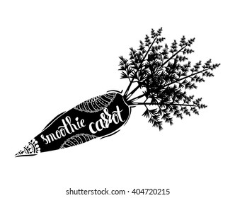 Creative typographic poster with the lettering on the black vegetable silhouette with handmade ornaments isolated on a white background. Vitamin carrot smoothies. Vector illustration