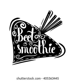 Creative typographic poster with the lettering on the black vegetable silhouette with handmade ornaments isolated on a white background. Refreshing beetroot smoothie. Vector illustration