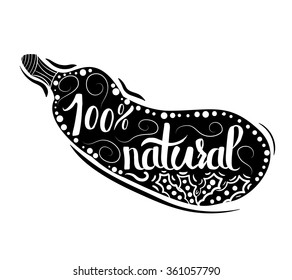 Creative typographic poster or a stamp on the black silhouette of vegetarian eggplant vegetable isolated on white background for online stores selling natural products. Vector illustration