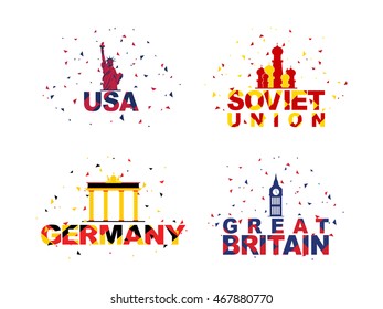 Creative typographic set of participant countries including United States of America, Soviet Union, Germany and Great Britain for Sports concept.