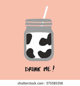 Creative typography art. Motivational poster with cup of milk. Drink more milk.. For print on T-shirts and bags. Hand draw Inspirational creative Lettering, love milk, stylized cow skin