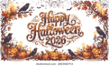 Creative typography card for Happy Halloween 2026 featuring autumn foliage black crows and pumpkins on white backdrop