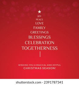 Creative Typography Christmas Tree. Merry Christmas Season Greetings Red BG Vector Design Template