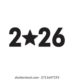 Un diseño de tipografía creativa del año 2026 donde el cero es reemplazado por un símbolo de estrella, que representa un año nuevo estelar, celebración del éxito y grandes esperanzas.