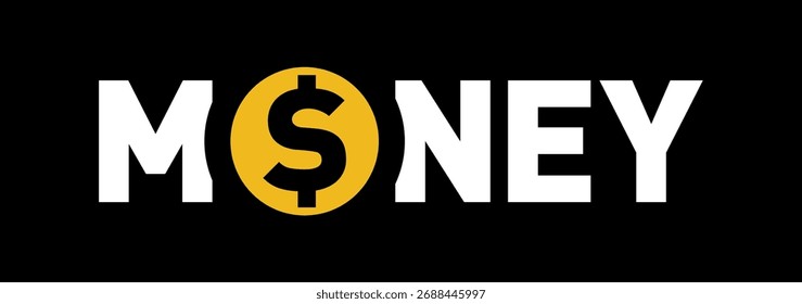 Diseño de tipografía creativa con la palabra MONEY con un signo de dólar como la letra O, que simboliza la riqueza, la economía, las finanzas y el éxito en una composición de Vector moderna sobre fondo negro.