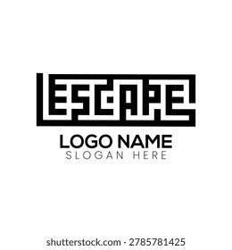 Creative “Escape” typography logo template featuring bold geometric custom lettering arranged in a structured maze-inspired composition with modern minimalist styling. Professional vector branding design suitable for gaming brands, escape rooms, technology startups, digital agencies, entertainment businesses, media studios, creative companies, and contemporary corporate identities. Stylish monochrome wordmark emblem with clean typography for branding, marketing, packaging, and visual identity projects.