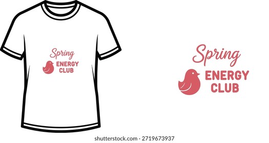 Um design de t-shirt de tipografia criativo com o slogan "Spring ENERGY CLUB" e um ícone de pássaro minimalista. Este design combina script e negrito fontes para um olhar elegante e moderno, adequado para roupas de mola e mercadorias.