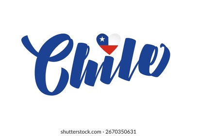 Tipografia criativa da palavra Chile com coração de bandeira. Design artístico isolado. Cartaz de férias. Conceito Merch. Logotipo de vestuário