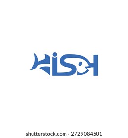 Creative typography for the word 'fish' with letters shaped like a fish, in a vibrant blue color.