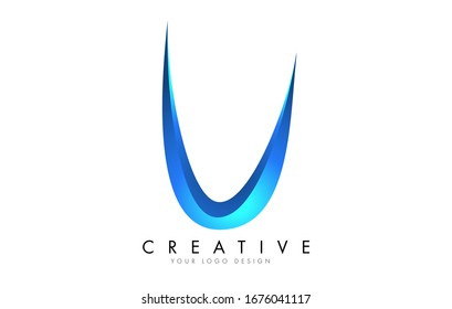 Creative U letter logo with Blue 3D bright Swashes. Blue Swoosh Icon Vector Illustration.