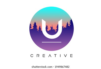 Creative U-Letter Logo Design mit Pine Forest Vectorformen und Pastellfarben-Farbillustration