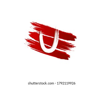 Creative U Letter Logo in Red Strips Grunge Splatter Element. Retro Rusty logo design template.