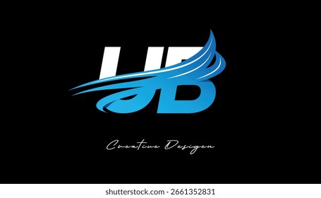 Logotipo de letra inicial UB creativa con Elementos de onda azul. Diseño de marca creativa moderna sobre fondo negro