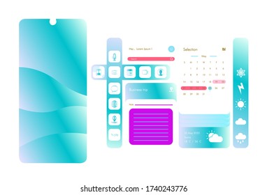 Creative UI, UX, GUI Screens für mobile Apps und reaktionsfähige Webseiten inklusive Menü, Wetter, Kalender, Kontakte, Musik, Rechner, Karte, Chat, Anmeldung, Anruf, Bildergalerie und Sperrbildschirme.