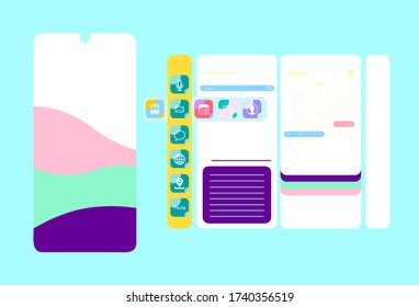 Creative UI, UX, GUI Screens für mobile Apps und reaktionsfähige Webseiten inklusive Menü, Wetter, Kalender, Kontakte, Musik, Rechner, Karte, Chat, Anmeldung, Anruf, Bildergalerie und Sperrbildschirme.
