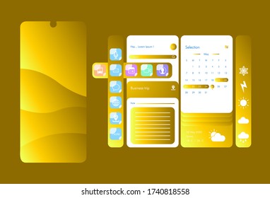 Creative UI, UX, GUI Screens für mobile Apps und reaktionsfähige Webseiten inklusive Menü, Wetter, Kalender, Kontakte, Musik, Rechner, Karte, Chat, Anmeldung, Anruf, Bildergalerie und Sperrbildschirme.