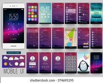 Creative UI, UX, GUI Screens for mobile apps and responsive website including Menu, Weather, calendar, Contacts, Music, Calculator, Map, Chat, Login, Calling, Picture Gallery and Lock Screens.