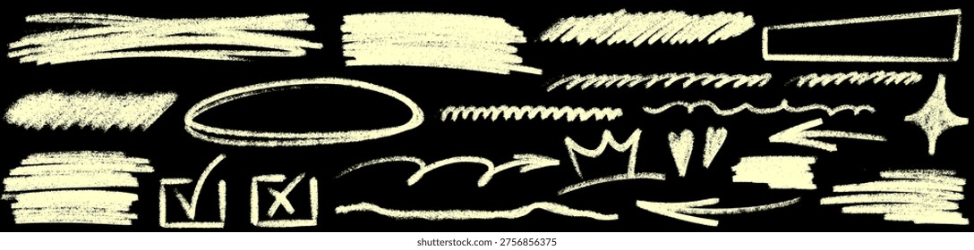 Creative underline and crayon strokes, underline guides line and arrow, crayon texture meets pencil, brush, wiggle, highlight and circle.