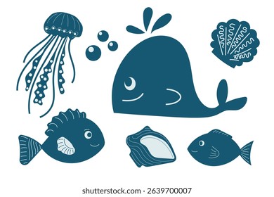 Creative underwater illustration featuring a whale, jellyfish, fish, and shellfish in a playful marine setting. Vector