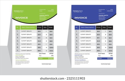Creative and Unique abstract style corporate business invoice template.Quotation Invoice Layout Template Paper Sheet Include Accounting, Price, Tax, and Quantity. With color variation Vector