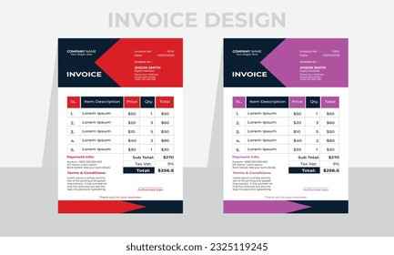 Creative and Unique abstract style corporate business invoice template.Quotation Invoice Layout Template Paper Sheet Include Accounting, Price, Tax, and Quantity. With color variation Vector.