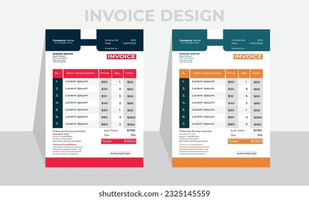 Creative and Unique abstract style corporate business invoice template.Quotation Invoice Layout Template Paper Sheet Include Accounting, Price, Tax, and Quantity. With color variation Vector