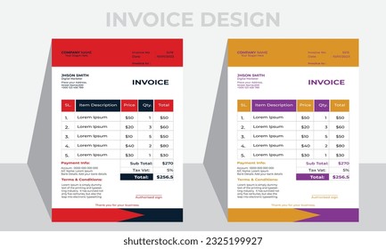 Plantilla de factura de negocio corporativa de estilo abstracto creativo y único.Hoja de papel de plantilla de diseño de factura de cotizaciones que incluye contabilidad, precio, impuestos y cantidad. Con el vector de variación de color