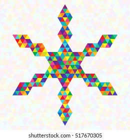 Creative Unique Bright Symbol Festive Snowflake of Rainbow Triangles. Christmas Geometric Design Element.