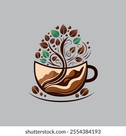 creative and unique cafe logo, with a coffee cup blending with abstract elements in the form of trees and leaves, symbolizing growth and community