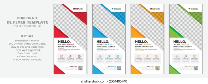 Creative Unique Corporate DL Flyer Rack Card Template Design for Office, Company, and Multipurpose Use with Red, Blue, Yellow, and Green Color Variation