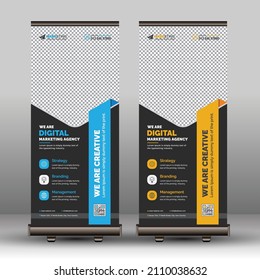 Creative Unique Corporate Roll Up Banner Template Example Sample, Modern Business Signage Standee X Banner Pop Up Design Download with Abstract Shapes