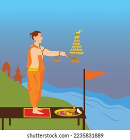 Creative and unique design illustration of the Indian priest in traditional Hindu clothes performing the ghat pooja at the river Ganges.