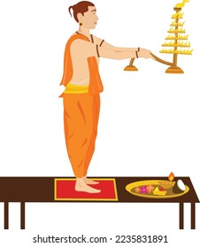 Creative and unique design illustration of the Indian priest in traditional Hindu clothes performing the ghat pooja at the river Ganges.