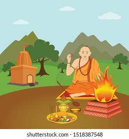 Creative and unique design of a indian priest (pandit) performing havana pooja prayer near the temple, attractive and natural green scenic background design. 