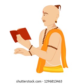 Creative and unique design of a panditji reading the book and chanting mantras, performing the prayer, simple and cartoon design in flat colors.